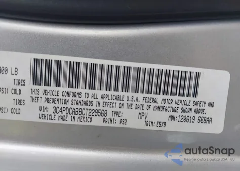 2012 Dodge Journey Se/Avp z USA, uszkodzony, nr VIN 3C4PDCAB8CT229568